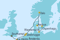 Visitando Southampton (Inglaterra), Le Havre (Francia), Zeebrugge (Bruselas), Ámsterdam (Holanda), Oslo (Noruega), Aarhus (Dinamarca), Warnemunde (Alemania), Helsingborg (Suecia), Copenhague (Dinamarca)