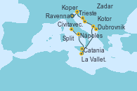 Visitando Ravenna (Italia), Trieste (Italia), Koper (Eslovenia), Zadar (Croacia), Split (Croacia), Dubrovnik (Croacia), Kotor (Montenegro), La Valletta (Malta), Catania (Sicilia), Nápoles (Italia), Civitavecchia (Roma)