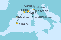 Visitando Civitavecchia (Roma), La Spezia, Florencia y Pisa (Italia), Portofino (Italia), Ajaccio (Córcega), Cannes (Francia), Niza (Francia), Toulon (Francia), Palma de Mallorca (España), Barcelona, Barcelona