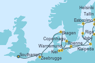 Visitando Southampton (Inglaterra), Zeebrugge (Bruselas), Skagen (Dinamarca), Warnemunde (Alemania), Riga (Letonia), Tallin (Estonia), Helsinki (Finlandia), Estocolmo (Suecia), Estocolmo (Suecia), Visby (Suecia), Klaipeda (Lituania), Roenne (Dinamarca), Kiel (Alemania), Copenhague (Dinamarca)