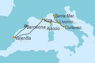 Visitando Barcelona, Valencia, Niza (Francia), Ajaccio (Córcega), Livorno, Pisa y Florencia (Italia), Santa Margarita (Italia), Civitavecchia (Roma)