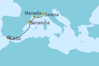 Visitando Cádiz (España), Barcelona, Marsella (Francia), Savona (Italia)