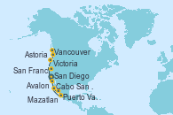 Visitando San Diego (California/EEUU), Cabo San Lucas (México), Mazatlan (México), Puerto Vallarta (México), San Diego (California/EEUU), Avalon (California/EEUU), San Francisco (California/EEUU), San Francisco (California/EEUU), Astoria  (Oregón), Victoria (Canadá), Vancouver (Canadá)