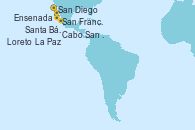 Visitando San Diego (California/EEUU), Cabo San Lucas (México), La Paz (México), Loreto (México), San Diego (California/EEUU), Ensenada (México), San Francisco (California/EEUU), San Francisco (California/EEUU), Santa Bárbara (California), San Diego (California/EEUU)
