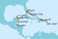 Visitando Miami (Florida/EEUU), Puerto Plata, Republica Dominicana, San Juan (Puerto Rico), Ocean Cay MSC Marine Reserve (Bahamas), Miami (Florida/EEUU), Costa Maya (México), Roatán (Honduras), Cozumel (México), Ocean Cay MSC Marine Reserve (Bahamas), Miami (Florida/EEUU)