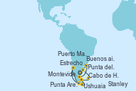 Visitando Buenos aires, Montevideo (Uruguay), Stanley (Malvinas), Cabo de Hornos (Chile), Ushuaia (Argentina), Estrecho de Magallanes, Punta Arenas (Chile), Puerto Madryn (Argentina), Punta del Este (Uruguay), Buenos aires