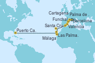 Visitando Barcelona, Palma de Mallorca (España), Valencia, Cartagena (Murcia), Málaga, Funchal (Madeira), Las Palmas de Gran Canaria (España), Santa Cruz de Tenerife (España), Puerto Cañaveral (Florida)