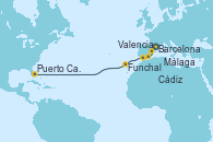 Visitando Barcelona, Valencia, Málaga, Cádiz (España), Funchal (Madeira), Puerto Cañaveral (Florida)
