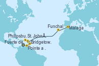 Visitando Fuerte de France (Martinica), Pointe a Pitre (Guadalupe), Bridgetown (Barbados), St. John´s (Antigua y Barbuda), Philipsburg (St. Maarten), Funchal (Madeira), Málaga