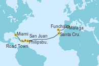 Visitando Málaga, Funchal (Madeira), Santa Cruz de Tenerife (España), Philipsburg (St. Maarten), Road Town (Isla Tórtola/Islas Vírgenes), San Juan (Puerto Rico), San Juan (Puerto Rico), Miami (Florida/EEUU)