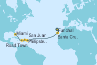 Visitando Funchal (Madeira), Santa Cruz de Tenerife (España), Philipsburg (St. Maarten), Road Town (Isla Tórtola/Islas Vírgenes), San Juan (Puerto Rico), San Juan (Puerto Rico), Miami (Florida/EEUU)