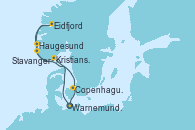 Visitando Warnemunde (Alemania), Haugesund (Noruega), Stavanger (Noruega), Eidfjord (Hardangerfjord/Noruega), Kristiansand (Noruega), Copenhague (Dinamarca), Warnemunde (Alemania)