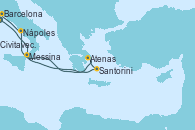 Visitando Barcelona, Messina (Sicilia), Santorini (Grecia), Kusadasi (Efeso/Turquía), Atenas (Grecia), Nápoles (Italia), Civitavecchia (Roma)