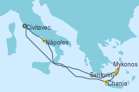 Visitando Civitavecchia (Roma), Nápoles (Italia), Mykonos (Grecia), Santorini (Grecia), Chania (Creta/Grecia), Civitavecchia (Roma)