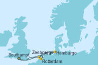 Visitando Southampton (Inglaterra), Hamburgo (Alemania), Hamburgo (Alemania), Rotterdam (Holanda), Zeebrugge (Bruselas), Southampton (Inglaterra)
