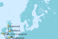 Visitando Southampton (Inglaterra), Greenock (Escocia), Liverpool (Reino Unido), Cobh, Cork (Irlanda), Portland, Dorset (Reino Unido), Southampton (Inglaterra)
