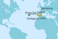 Visitando Fort Lauderdale (Florida/EEUU), Ponta Delgada (Azores), Lisboa (Portugal), Cádiz (España), Cartagena (Murcia), Valencia, Barcelona
