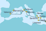 Visitando Haifa (Israel), Limassol (Chipre), Rodas (Grecia), Atenas (Grecia), Santorini (Grecia), Nápoles (Italia), Civitavecchia (Roma), Valencia, Barcelona