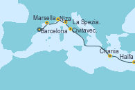 Visitando Barcelona, Marsella (Francia), Niza (Francia), La Spezia, Florencia y Pisa (Italia), Civitavecchia (Roma), Chania (Creta/Grecia), Haifa (Israel)