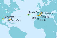 Visitando Barcelona, Alicante (España), Málaga, Cádiz (España), Ponta Delgada (Azores), CocoCay (Bahamas), Galveston (Texas)