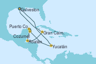 Visitando Galveston (Texas), Yucatán (Progreso/México), Cozumel (México), Puerto Costa Maya (México), Roatán (Honduras), Gran Caimán (Islas Caimán), Galveston (Texas)