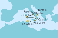 Visitando Nápoles (Italia), Palermo (Italia), Cagliari (Cerdeña), La Goulette (Tunez), La Valletta (Malta), Catania (Sicilia), Taranto (Italia)