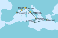 Visitando Barcelona, Toulon (Francia), Savona (Italia), Civitavecchia (Roma), Palermo (Italia), La Valletta (Malta), Atenas (Grecia)