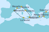 Visitando Barcelona, Marsella (Francia), Savona (Italia), Civitavecchia (Roma), Catania (Sicilia), Estambul (Turquía), Estambul (Turquía), Esmirna (Turquía), Atenas (Grecia), La Goulette (Tunez), Barcelona