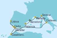 Visitando Barcelona, Marsella (Francia), Savona (Italia), Civitavecchia (Roma), Cádiz (España), Lisboa (Portugal), Lisboa (Portugal), Gibraltar (Inglaterra), Casablanca (Marruecos), Casablanca (Marruecos), Valencia, Barcelona