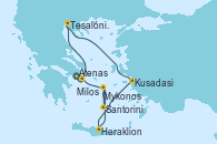 Visitando Atenas (Grecia), Tesalónica (Grecia), Kusadasi (Efeso/Turquía), Heraklion (Creta), Santorini (Grecia), Santorini (Grecia), Mykonos (Grecia), Mykonos (Grecia), Milos (Grecia), Atenas (Grecia)