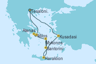 Visitando Tesalónica (Grecia), Kusadasi (Efeso/Turquía), Heraklion (Creta), Santorini (Grecia), Santorini (Grecia), Mykonos (Grecia), Mykonos (Grecia), Milos (Grecia), Atenas (Grecia), Tesalónica (Grecia)