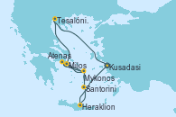 Visitando Kusadasi (Efeso/Turquía), Heraklion (Creta), Santorini (Grecia), Santorini (Grecia), Mykonos (Grecia), Mykonos (Grecia), Milos (Grecia), Atenas (Grecia), Tesalónica (Grecia), Kusadasi (Efeso/Turquía)