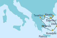 Visitando Atenas (Grecia), Tesalónica (Grecia), Kavala (Grecia), Estambul (Turquía), Dikili (Turquía), Kusadasi (Efeso/Turquía), Patmos (Grecia), Atenas (Grecia)