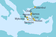 Visitando Atenas (Grecia), Santorini (Grecia), Rodas (Grecia), Samos (Grecia), Estambul (Turquía), Estambul (Turquía), Chios (Grecia), Cos (Grecia), Mykonos (Grecia), Atenas (Grecia)