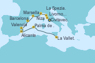 Visitando Civitavecchia (Roma), Livorno, Pisa y Florencia (Italia), Cinque Terre, Niza (Francia), Marsella (Francia), Barcelona, Valencia, Alicante (España), Palma de Mallorca (España), La Valletta (Malta)