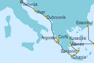 Visitando Venecia (Italia), Hvar (Croacia), Dubrovnik (Croacia), Corfú (Grecia), Argostoli (Grecia), Chania (Creta/Grecia), Santorini (Grecia), Atenas (Grecia), Kusadasi (Efeso/Turquía), Estambul (Turquía), Estambul (Turquía)