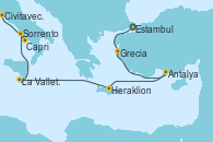 Visitando Estambul (Turquía), Estambul (Turquía), Esmirna (Turquía), Cos (Grecia), Antalya (Turquía), Heraklion (Creta), La Valletta (Malta), Messina (Sicilia), Sorrento (Nápoles/Italia), Civitavecchia (Roma)