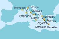 Visitando Atenas (Grecia), Heraklion (Creta), Katakolon (Olimpia/Grecia), Igoumenitsa (Grecia), Argostoli (Grecia), Messina (Sicilia), Amalfi (Italia), Civitavecchia (Roma), Propriano (Córcega), Portofino (Italia), Montecarlo (Mónaco)