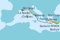 Visitando Montecarlo (Mónaco), Cinque Terre, Civitavecchia (Roma), Sorrento (Nápoles/Italia), Santorini (Grecia), Marmaris (Turquía), Antalya (Turquía), Bodrum (Turquia), Patmos (Grecia), Atenas (Grecia)