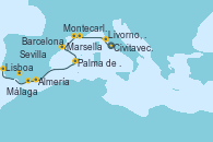 Visitando Civitavecchia (Roma), Livorno, Pisa y Florencia (Italia), Montecarlo (Mónaco), Marsella (Francia), Barcelona, Palma de Mallorca (España), Almería (España), Málaga, Sevilla (España), Lisboa (Portugal), Lisboa (Portugal)