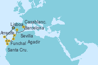 Visitando Lisboa (Portugal), Funchal (Madeira), Santa Cruz de la Palma (España), Santa Cruz de Tenerife (España), Arrecife (Lanzarote/España), Agadir (Marruecos), Casablanca (Marruecos), Sevilla (España), Barcelona