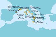 Visitando Barcelona, Marsella (Francia), Montecarlo (Mónaco), Livorno, Pisa y Florencia (Italia), Ajaccio (Córcega), Olbia (Cerdeña), Palermo (Italia), La Valletta (Malta), Messina (Sicilia), Nápoles (Italia), Civitavecchia (Roma)