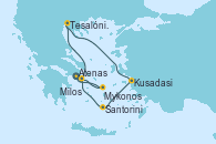 Visitando Atenas (Grecia), Tesalónica (Grecia), Kusadasi (Efeso/Turquía), Santorini (Grecia), Santorini (Grecia), Milos (Grecia), Mykonos (Grecia), Mykonos (Grecia), Atenas (Grecia)
