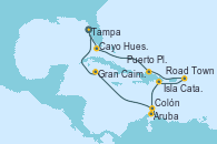 Visitando Tampa (Florida), Cayo Hueso (Key West/Florida), Puerto Plata, Republica Dominicana, Road Town (Isla Tórtola/Islas Vírgenes), Isla Catalina (República Dominicana), Aruba (Antillas), Colón, Gran Caimán (Islas Caimán), Tampa (Florida)