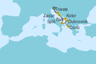 Visitando Trieste (Italia), Bari (Italia), Dubrovnik (Croacia), Corfú (Grecia), Kotor (Montenegro), Split (Croacia), Zadar (Croacia), Trieste (Italia)