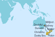 Visitando Sydney (Australia), Picton (Australia), Napier (Nueva Zelanda), Christchurch (Nueva Zelanda), Dunedin (Nueva Zelanda), Dusky Sound (Nueva Zelanda), Doubtful Sound (Nueva Zelanda), Milfjord Sound (Nueva Zelanda), Sydney (Australia)
