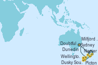 Visitando Sydney (Australia), Wellington (Nueva Zelanda), Picton (Australia), Napier (Nueva Zelanda), Dunedin (Nueva Zelanda), Dusky Sound (Nueva Zelanda), Doubtful Sound (Nueva Zelanda), Milfjord Sound (Nueva Zelanda), Sydney (Australia)