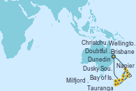 Visitando Brisbane (Australia), Bay of Islands (Nueva Zelanda), Tauranga (Nueva Zelanda), Napier (Nueva Zelanda), Wellington (Nueva Zelanda), Christchurch (Nueva Zelanda), Dunedin (Nueva Zelanda), Dusky Sound (Nueva Zelanda), Doubtful Sound (Nueva Zelanda), Milfjord Sound (Nueva Zelanda), Brisbane (Australia)
