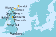 Visitando Southampton (Inglaterra), Newcastle (Reino Unido), Edimburgo (Escocia), Invergordon (Escocia), Lerwick (Escocia), Kirkwall (Escocia), Ullapool (Escocia), Oban (Escocia), Holyhead (Gales/Reino Unido), Belfast (Irlanda)