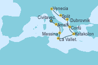 Visitando Civitavecchia (Roma), Amalfi (Italia), Messina (Sicilia), La Valletta (Malta), Katakolon (Olimpia/Grecia), Corfú (Grecia), Dubrovnik (Croacia), Split (Croacia), Zadar (Croacia), Venecia (Italia)